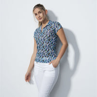 Digne Blue Abstract Print Cap Sleeve Mesh Polo Shirt - Fairway Fittings