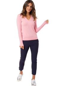 Navy with Light Pink Piping Pull-On Stretch Ankle Pant - Fairway Fittings
