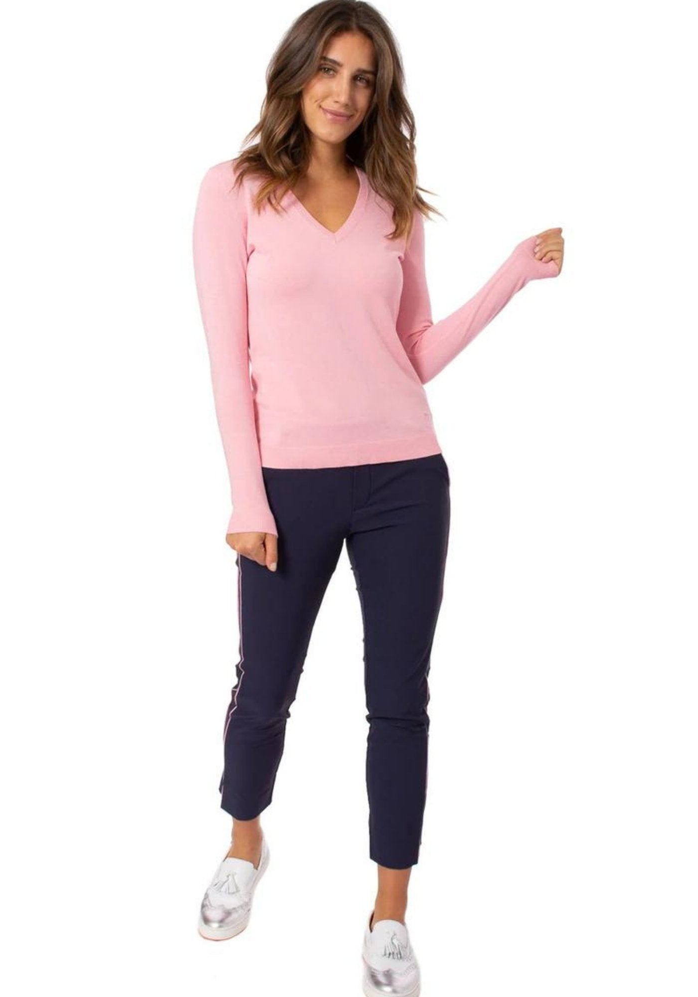 Navy with Light Pink Piping Pull-On Stretch Ankle Pant - Fairway Fittings