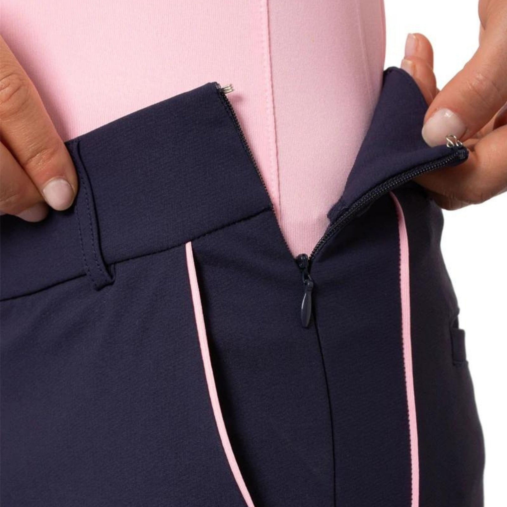 Navy with Light Pink Piping Pull-On Stretch Ankle Pant - Fairway Fittings