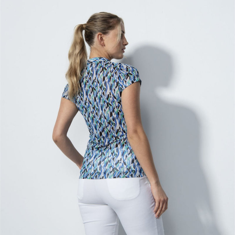 Digne Blue Abstract Print Cap Sleeve Mesh Polo Shirt - Fairway Fittings