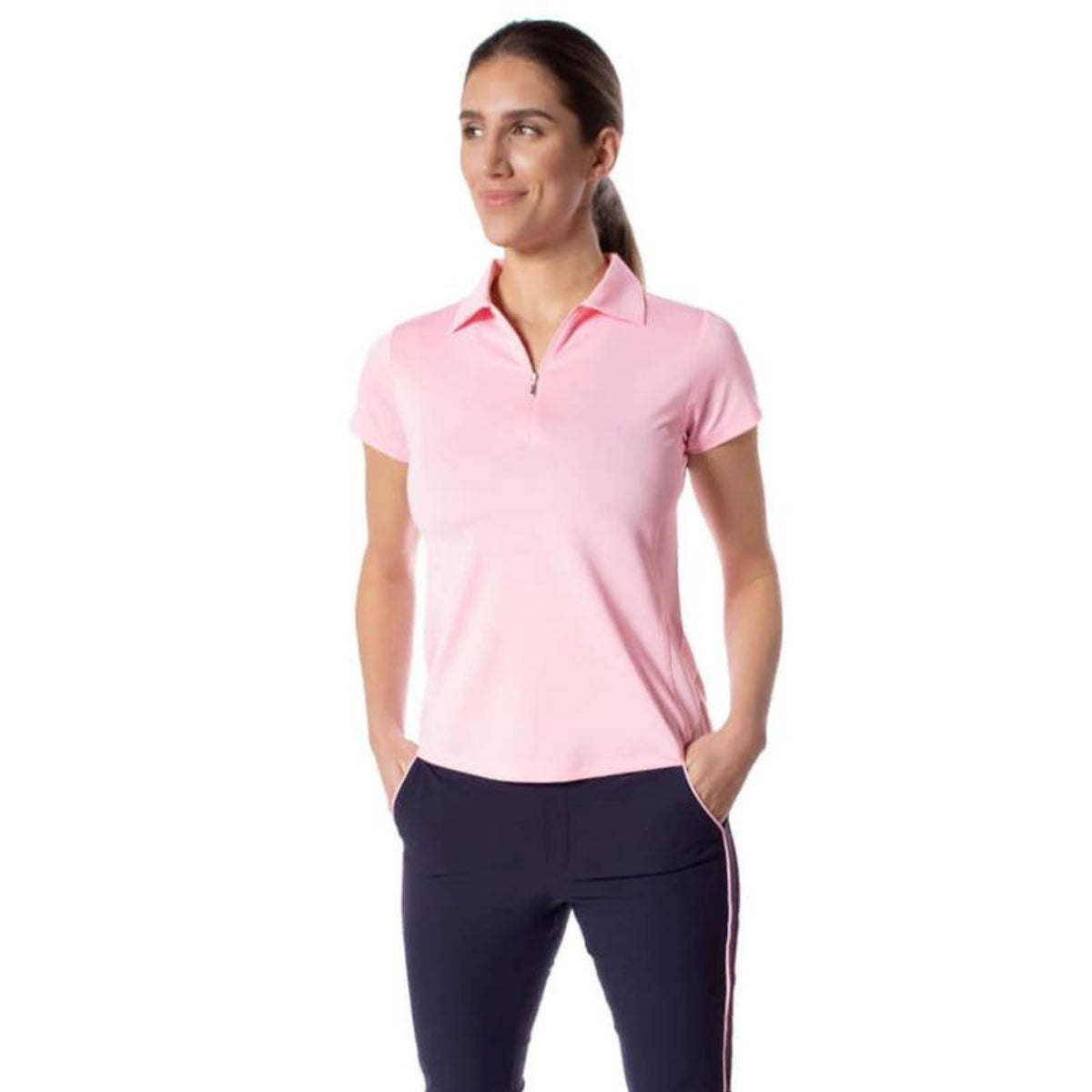 Light Pink Short Sleeve Zip Stretch Polo - Fairway Fittings