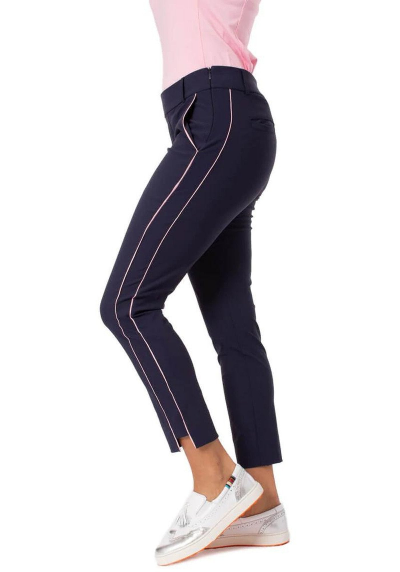 Navy with Light Pink Piping Pull-On Stretch Ankle Pant - Fairway Fittings